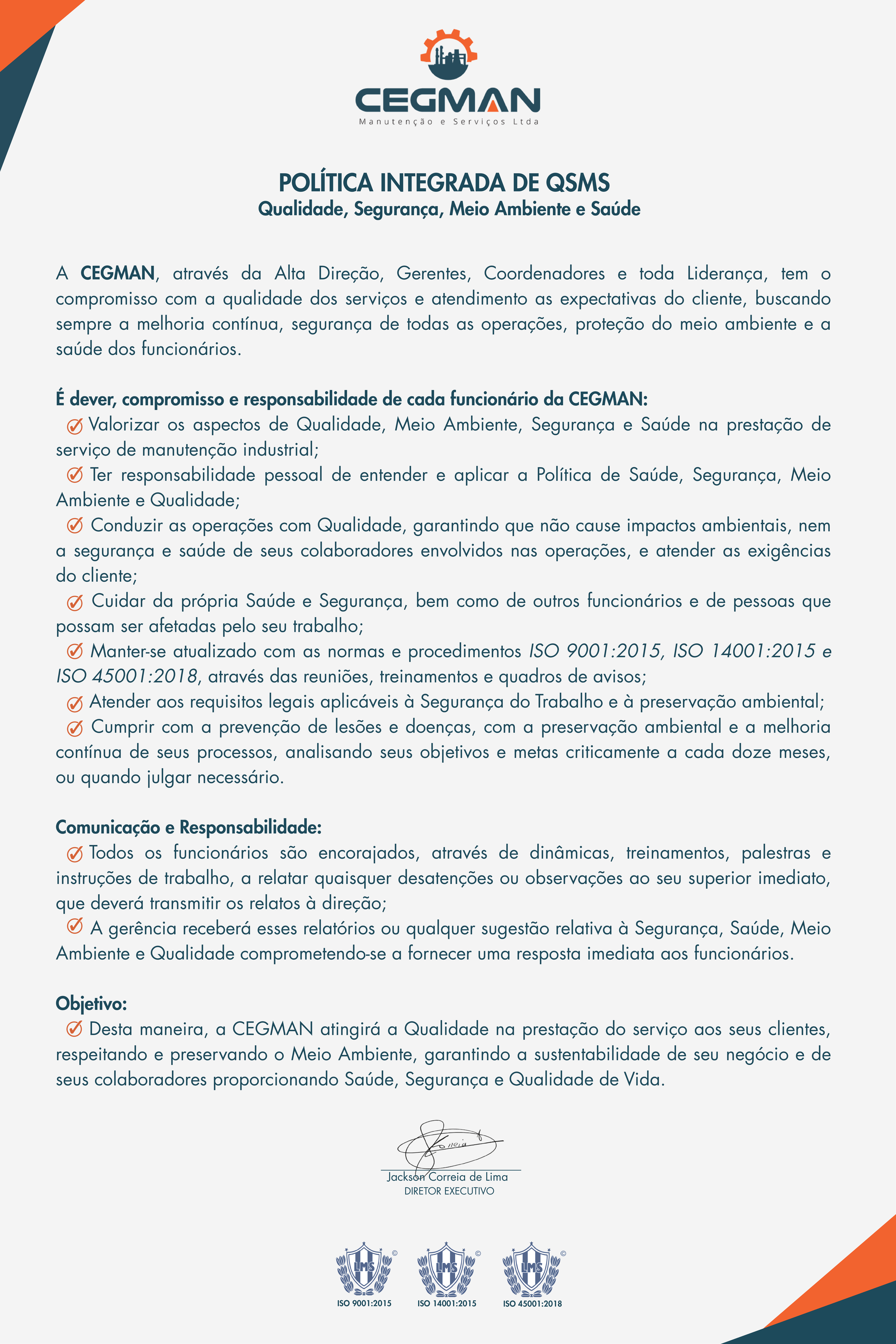 Política Integrada de QSMS da CEGMAN