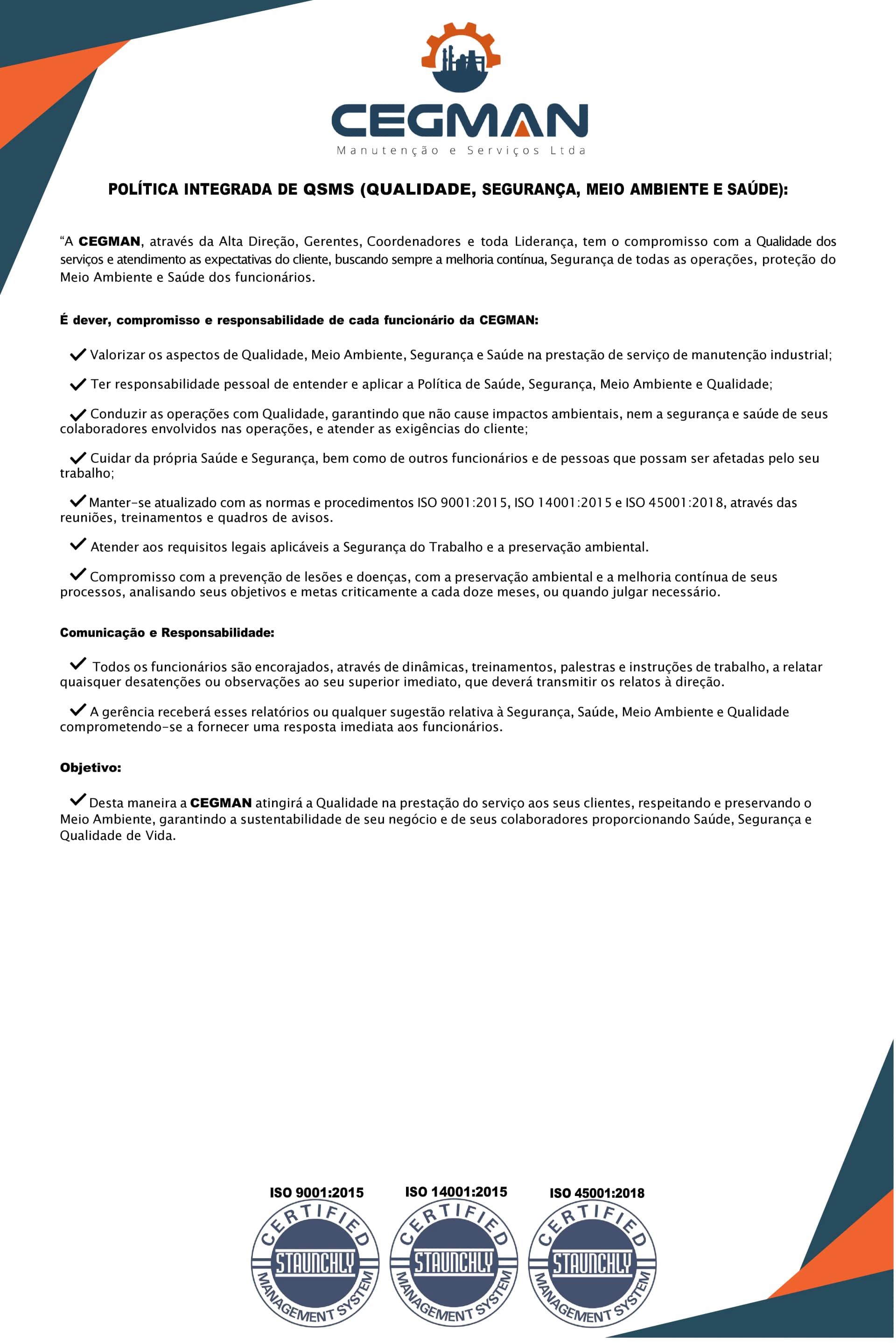 Política Integrada de QSMS da CEGMAN